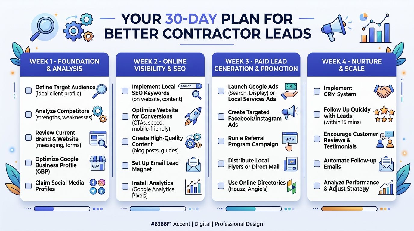 A 30-day plan infographic for contractors to improve lead generation through foundation, SEO, advertising, and nurturing.