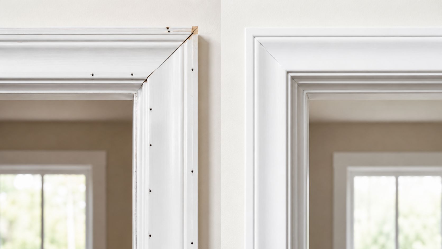 A split comparison showing an unfinished door frame with nail holes next to a finished one.