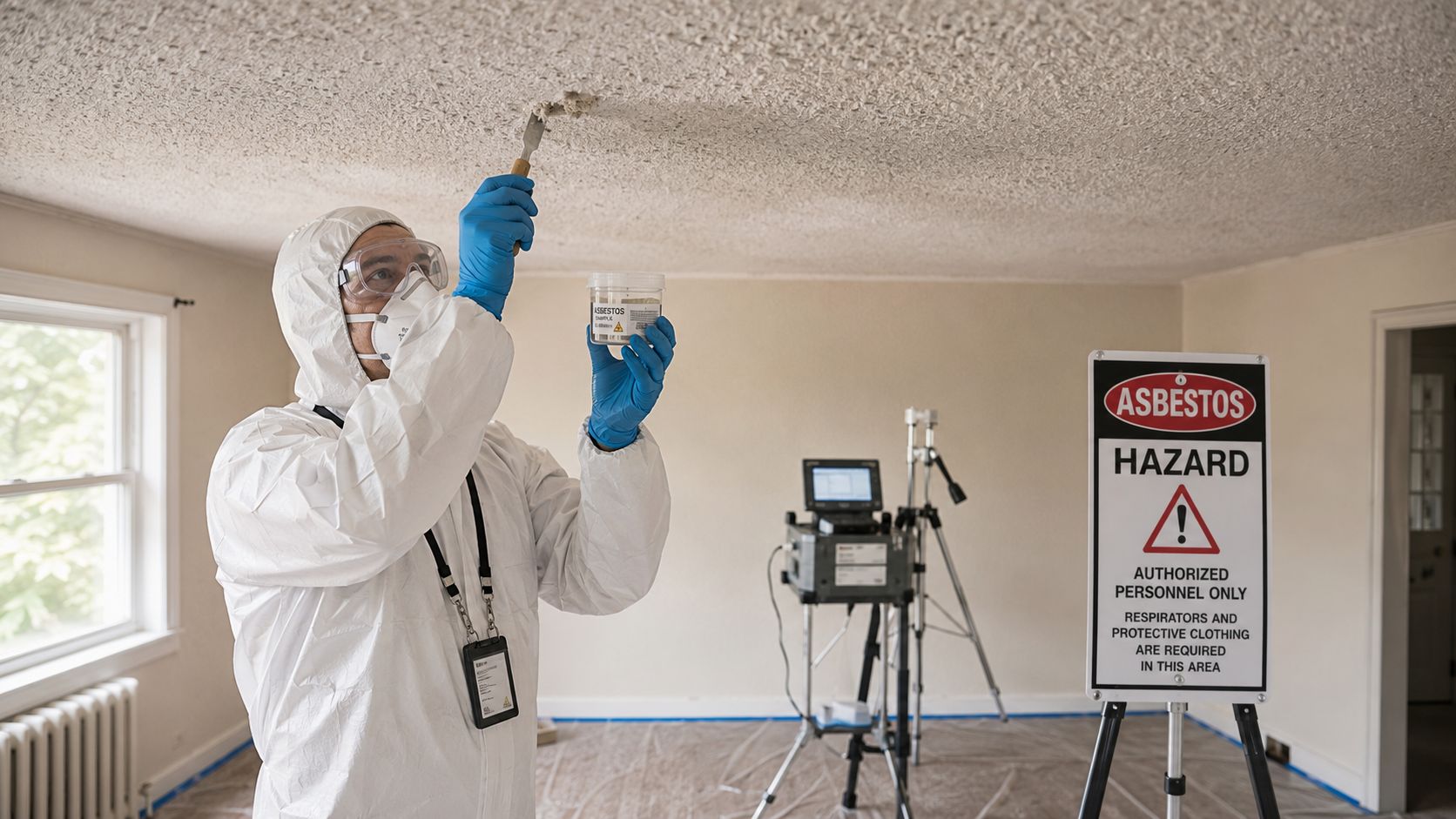 A professional in protective gear samples popcorn ceiling material for asbestos testing in a home.