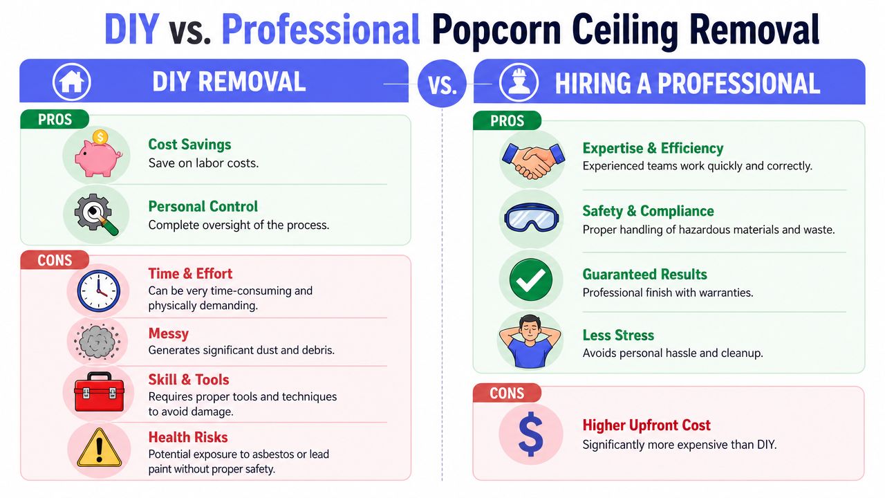 A comparison chart outlining the pros and cons of DIY versus professional popcorn ceiling removal services.