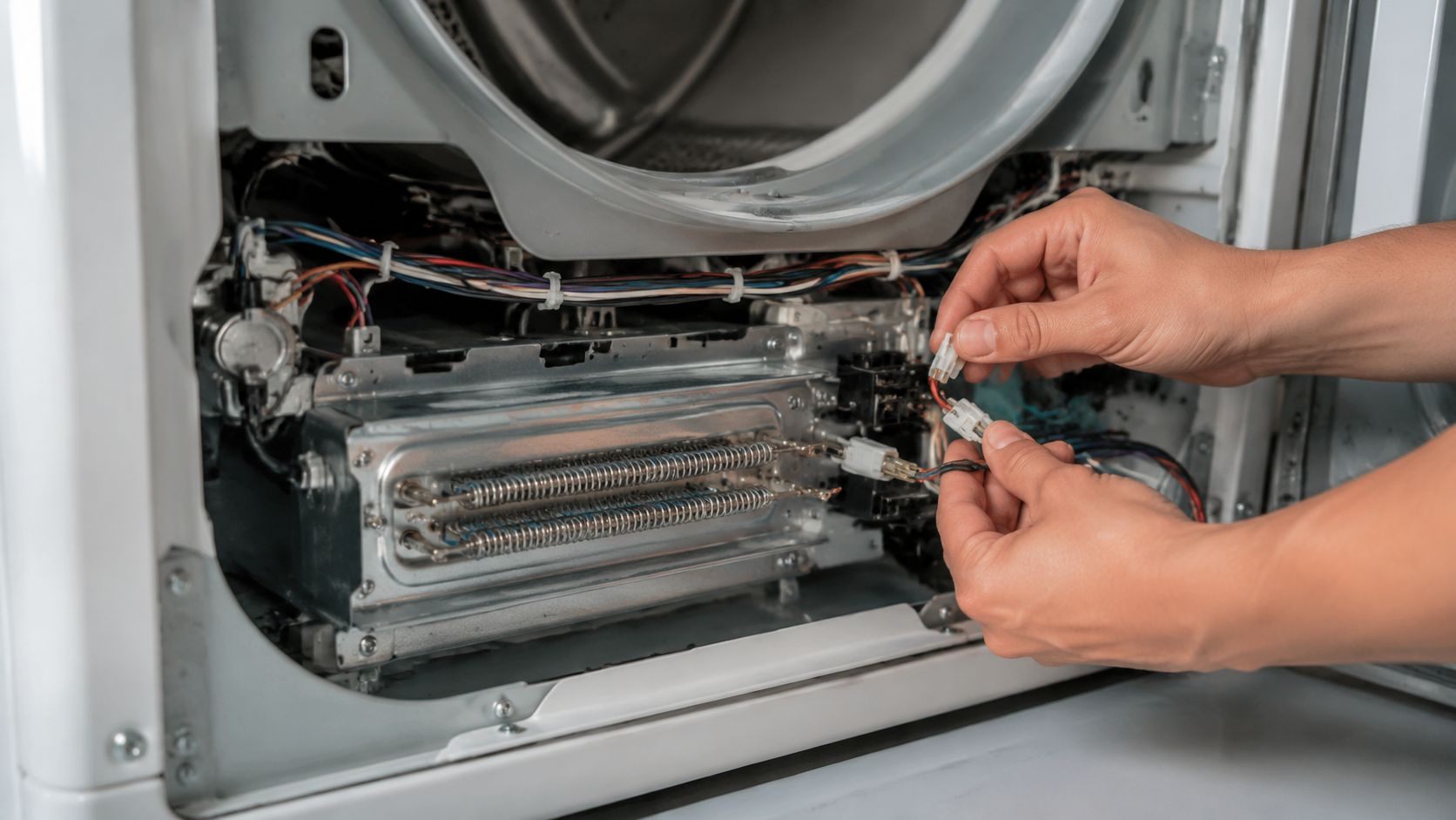 A technician repairing a clothes dryer by connecting electrical wires to the heating element inside the machine.