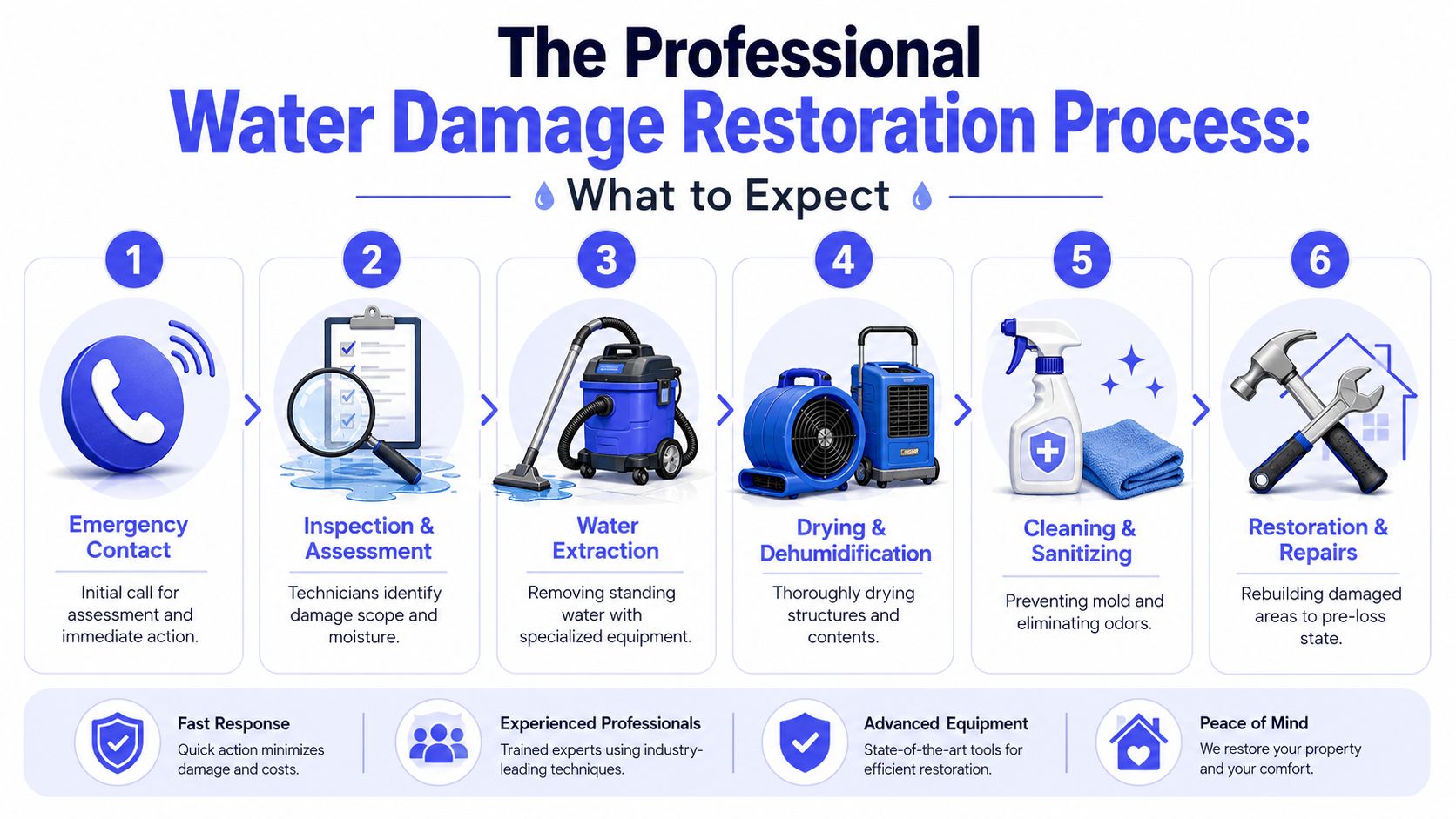 A step-by-step infographic illustrating the professional water damage restoration process from initial contact to final repairs.