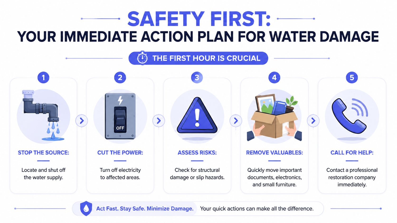 A safety infographic showing five steps for immediate action when dealing with residential water damage situations.