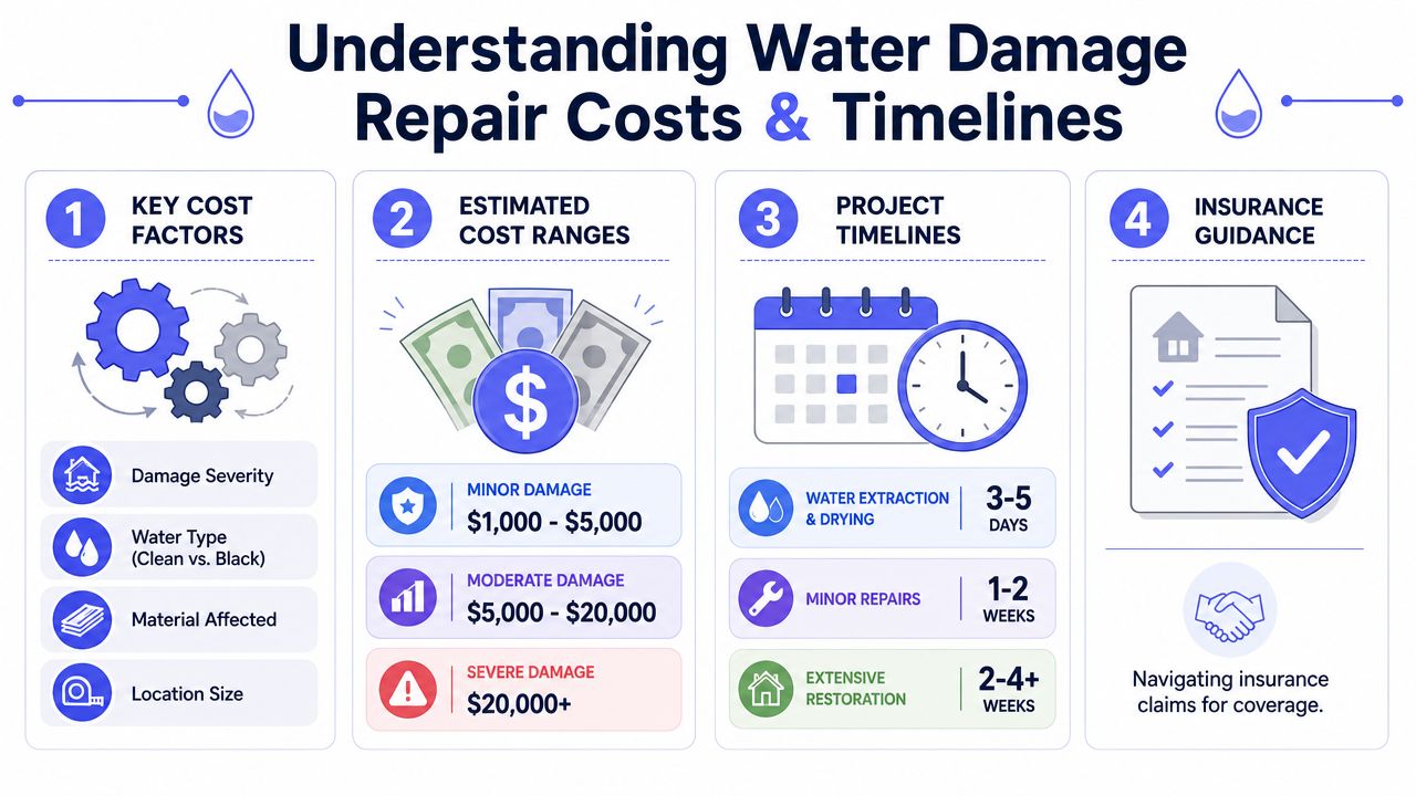 An infographic titled Understanding Water Damage Repair Costs and Timelines detailing factors, costs, timelines, and insurance guidance.