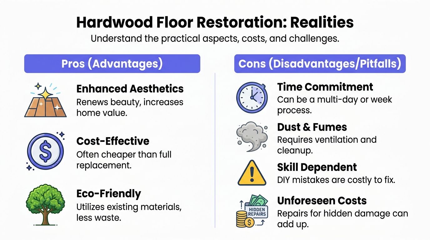 An infographic titled Hardwood Floor Restoration Realities detailing the pros and cons of restoring hardwood floors.