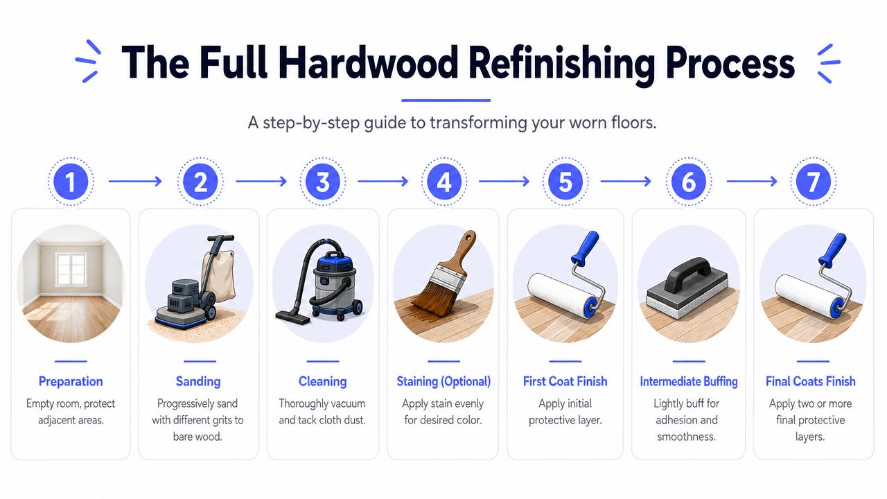 A step-by-step infographic illustrating the seven-stage process for refinishing worn hardwood floors in a home.