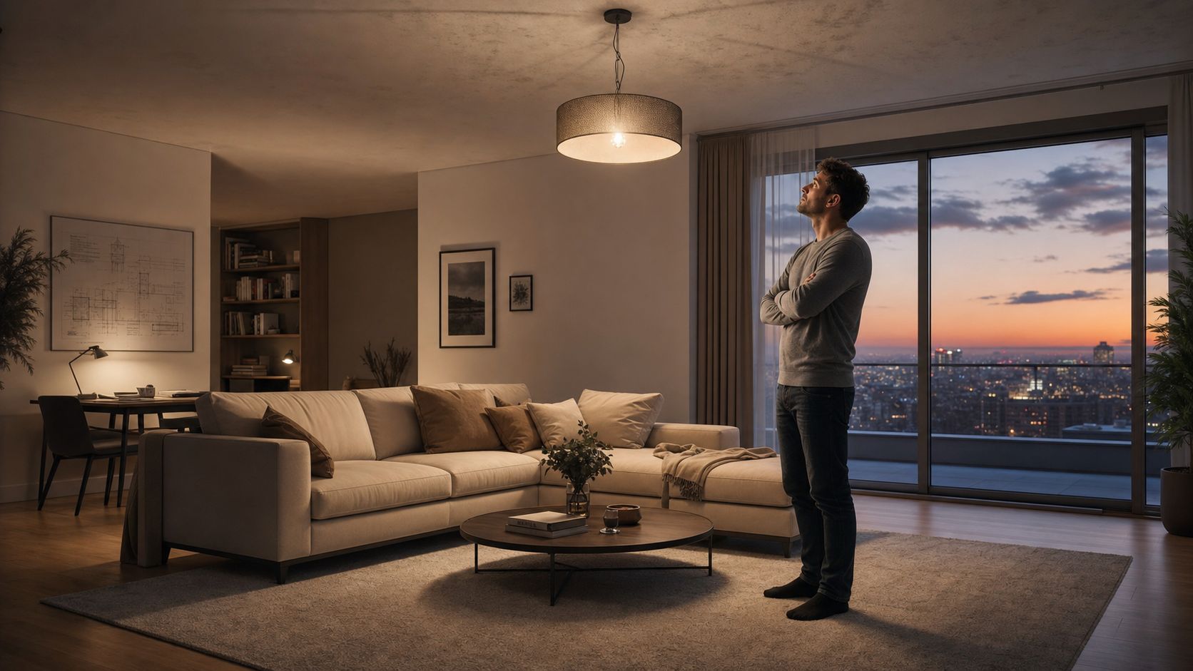 A man in a living room looks up at a modern ceiling light fixture during twilight.