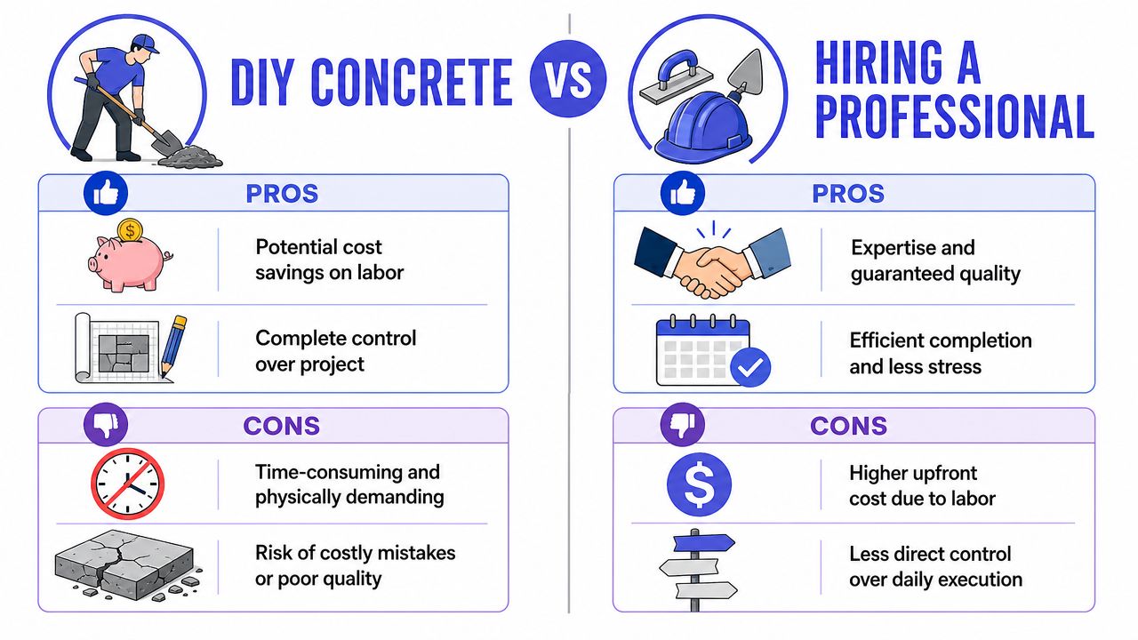 A comparison chart showing the pros and cons of DIY concrete versus hiring a professional contractor.