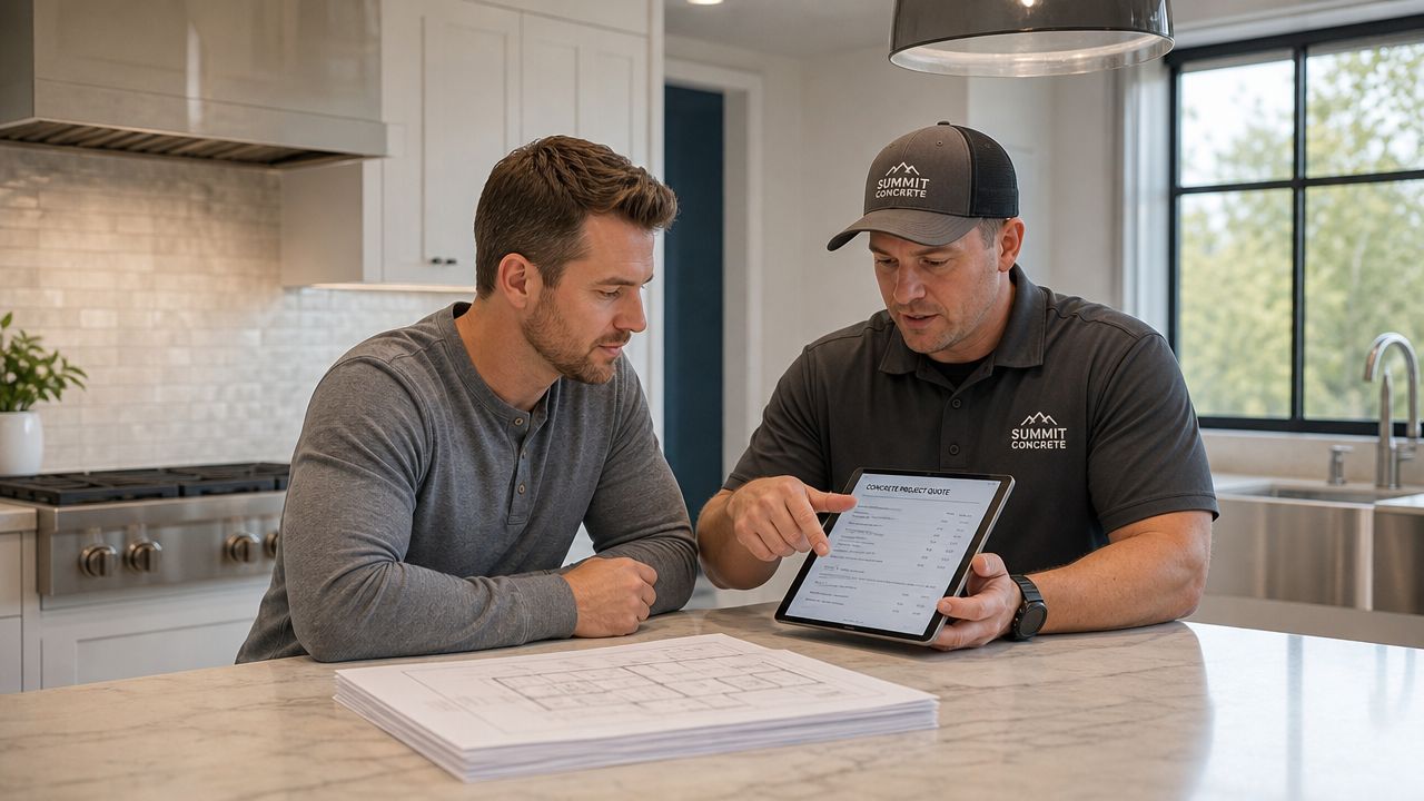 A professional contractor in a branded polo discusses a concrete project quote on a tablet with a client.