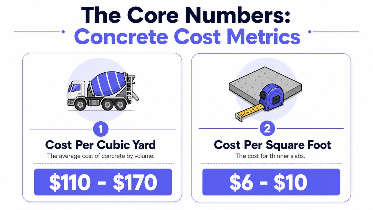 A graphic displaying concrete cost metrics showing price ranges per cubic yard and per square foot.