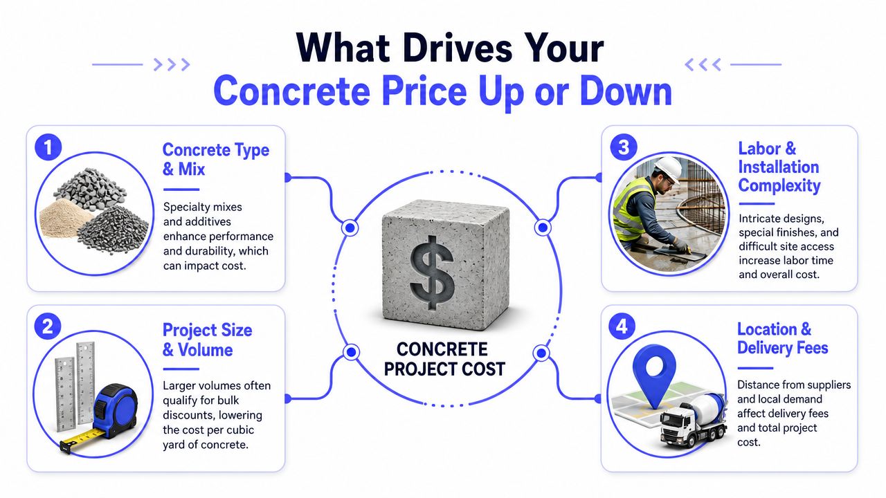 An infographic detailing the four primary factors that influence the total cost of a concrete project.
