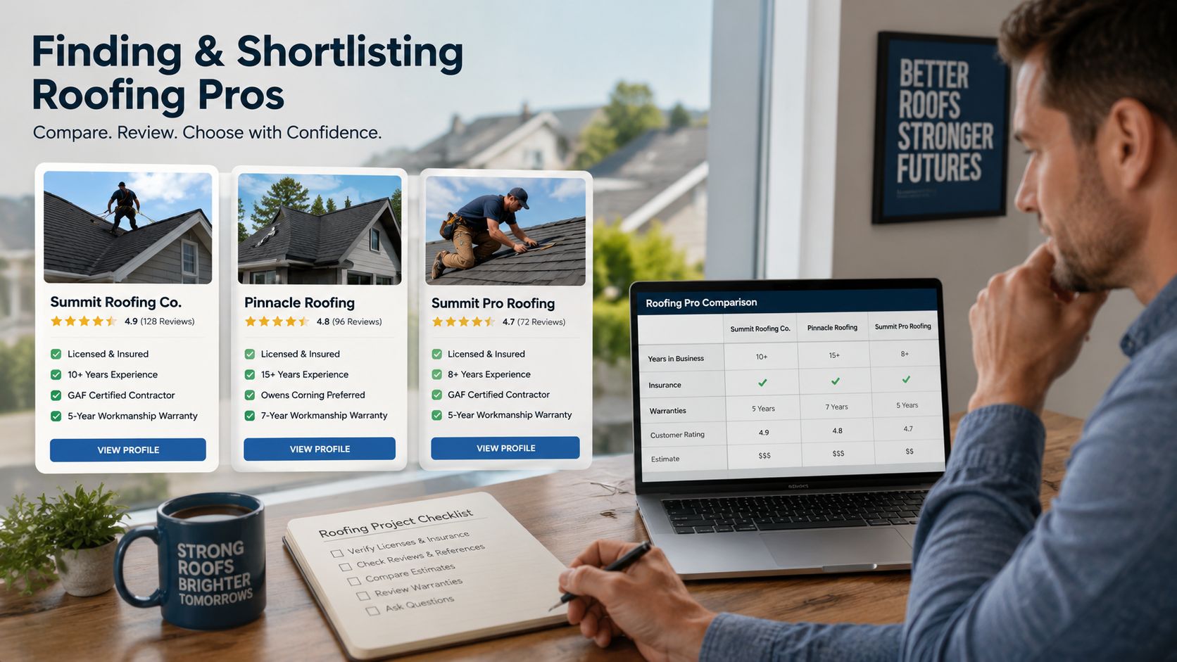 A man at a desk using a laptop to compare different local roofing contractor companies and services.