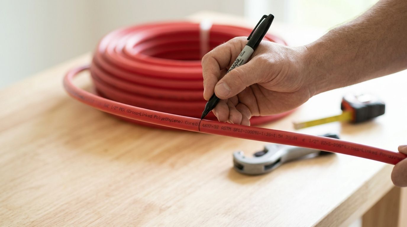 A construction worker marking a red PEX tubing pipe with a black permanent marker on a wooden table.