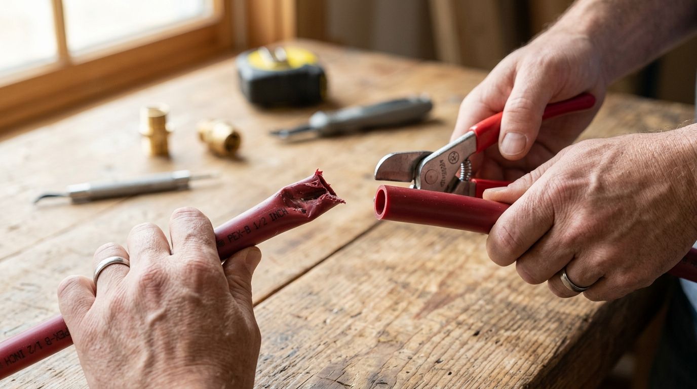A person uses professional PEX pipe cutters to trim a damaged red PEX pipe on a wooden workbench.