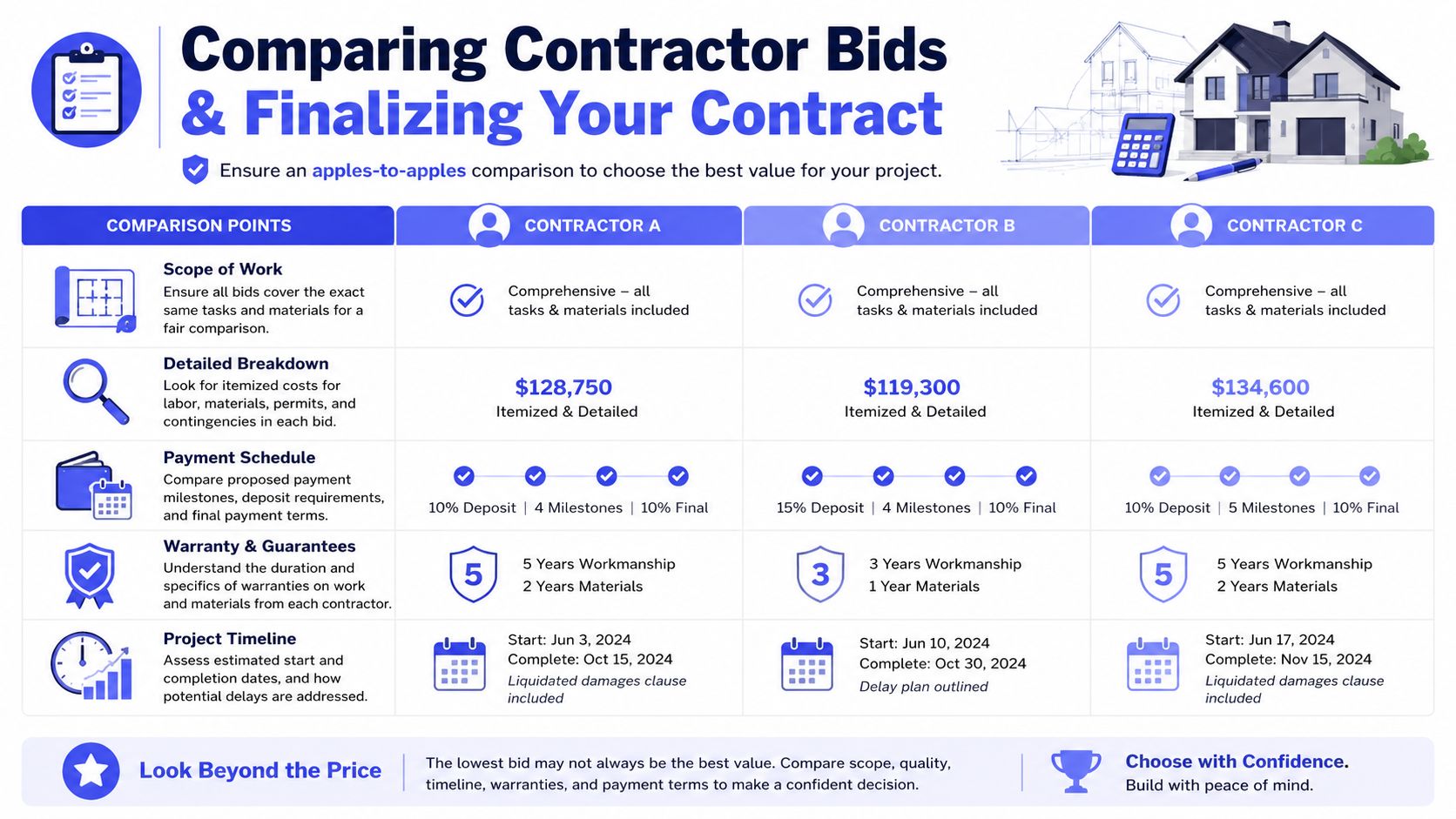 A comparison chart showing how to evaluate and compare different general contractor project bids for home construction.