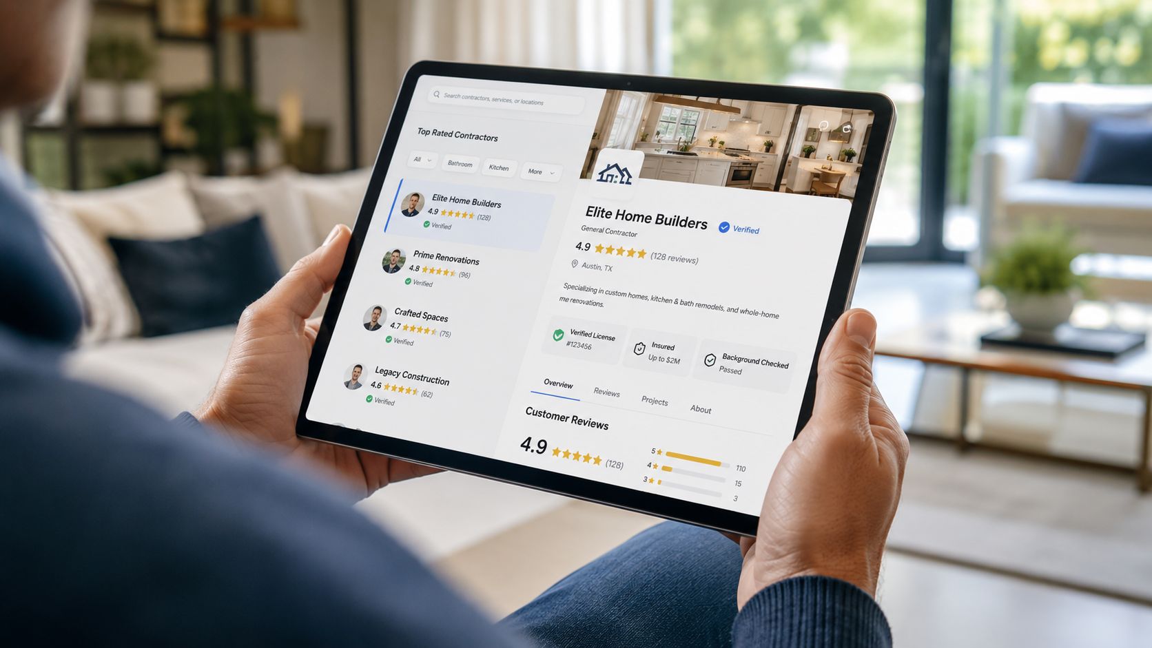 A person holding a tablet displaying a website to help find and review top-rated home contractors.
