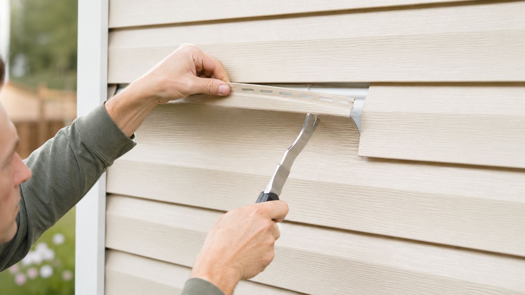 A person using a siding removal tool to carefully lift a piece of beige vinyl siding.