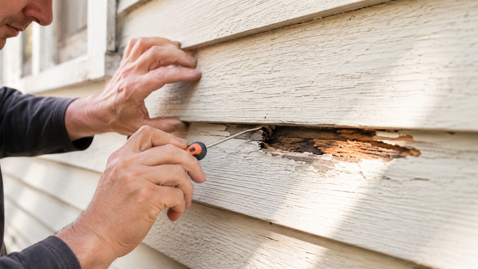 A repair professional inspecting damaged wooden house siding with a metal tool to assess wood rot.
