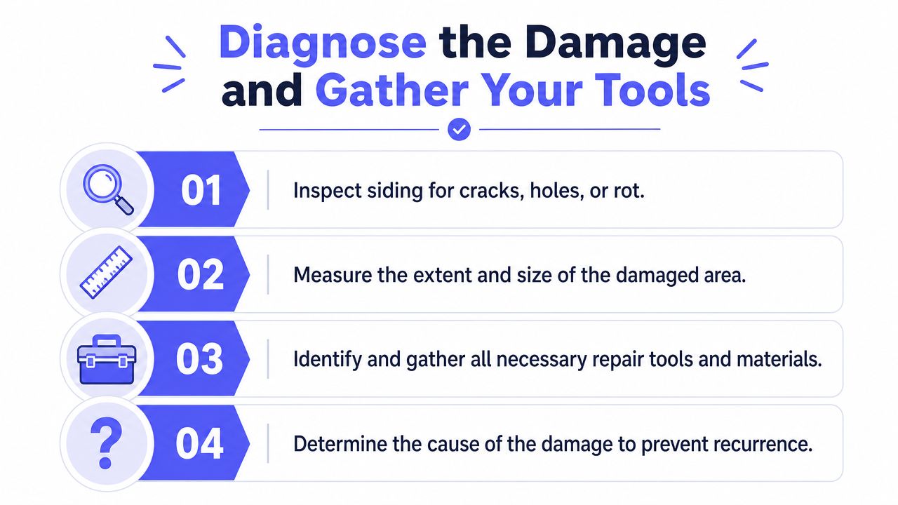 A four-step checklist for diagnosing home siding damage before starting repairs, presented in a clean infographic format.