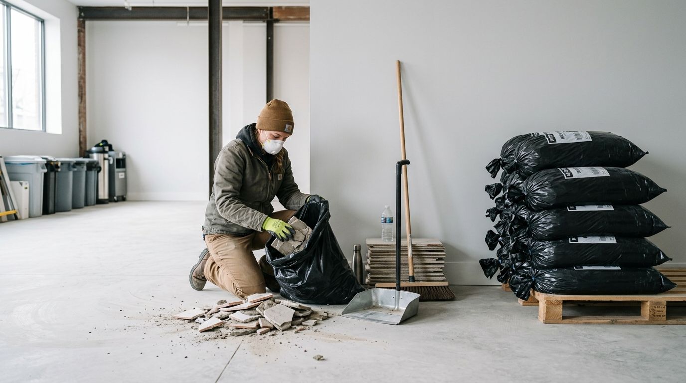 A construction worker wearing a respirator mask cleans up broken ceramic floor tiles into a black trash bag.
