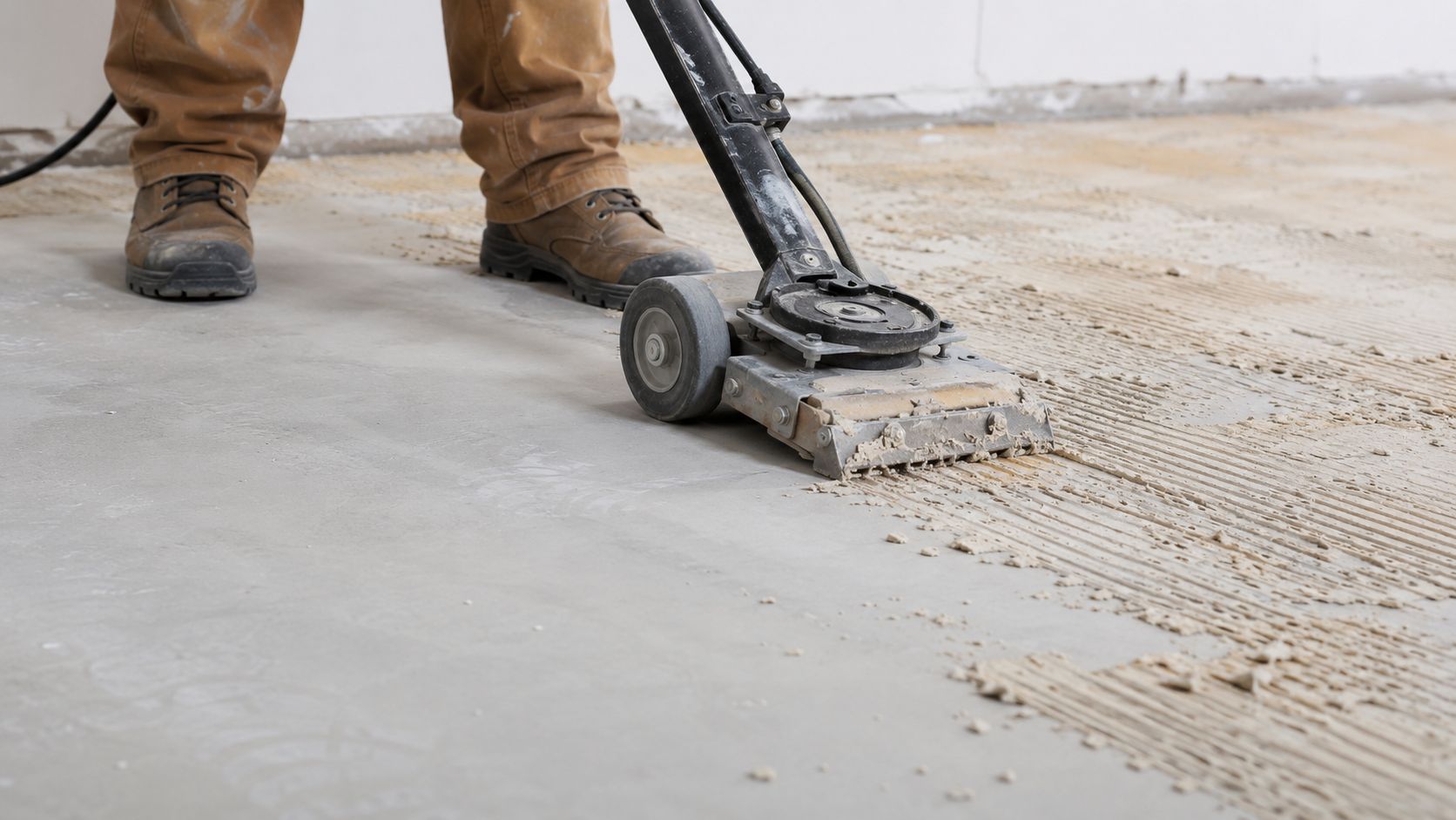 A construction worker using a heavy-duty floor scraper to remove tile adhesive from a concrete floor.