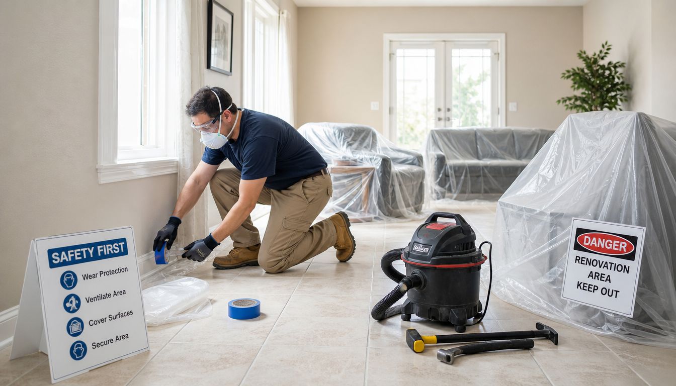 A professional construction worker wearing safety gear taping plastic sheeting along the wall during a home renovation.