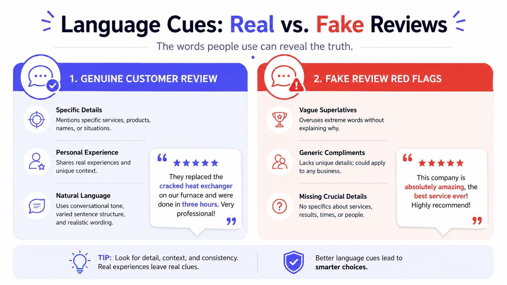 An infographic comparing real and fake reviews by highlighting specific language cues and red flags for consumers.