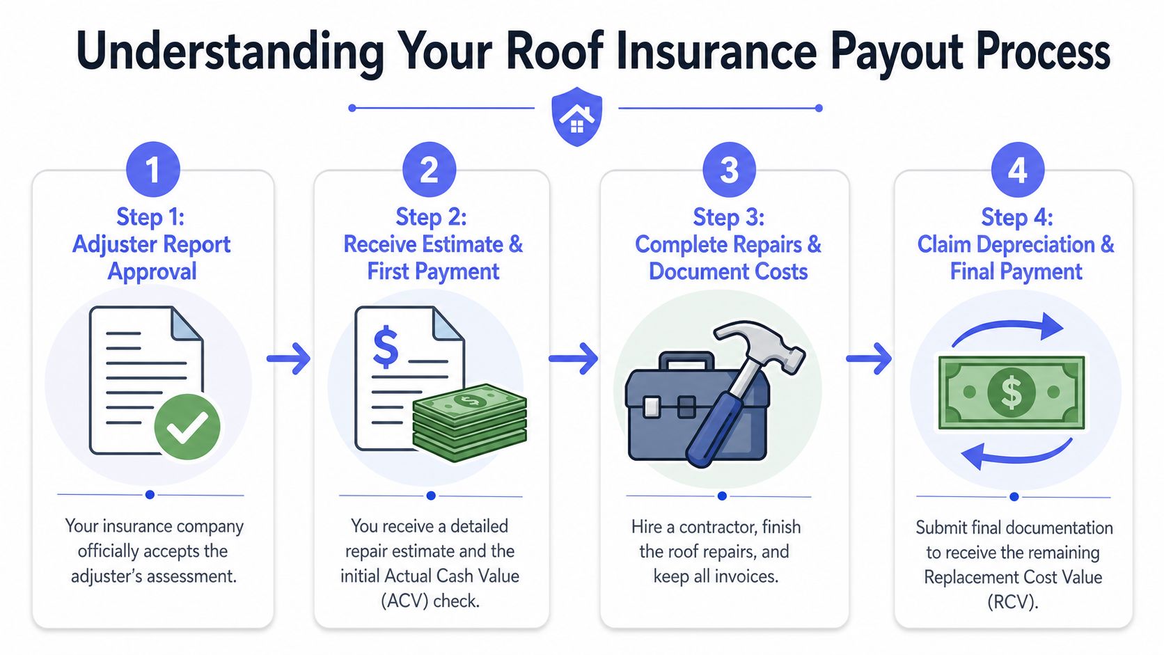 A four-step infographic illustrating the roof insurance claims payout process for homeowners.