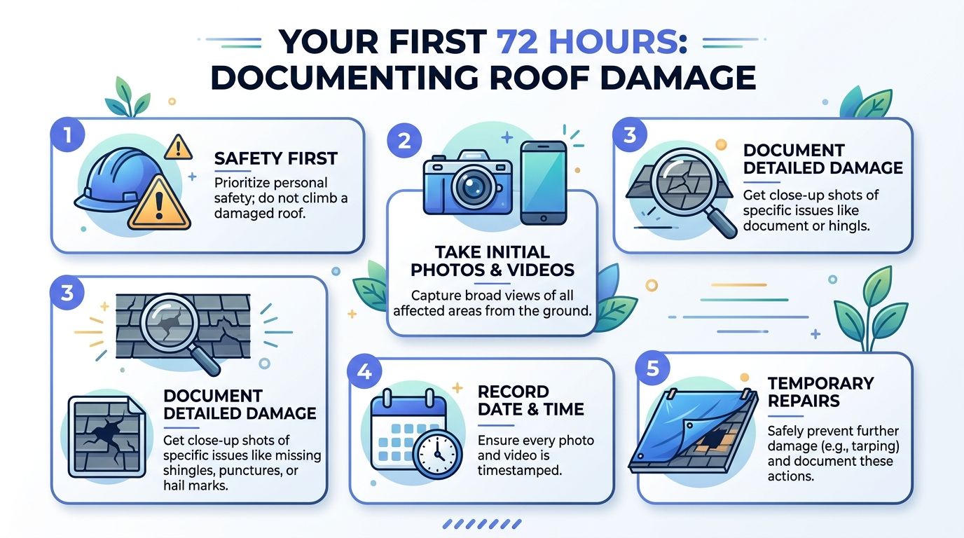 A helpful infographic showing five essential steps to document roof damage for insurance claims after a storm.