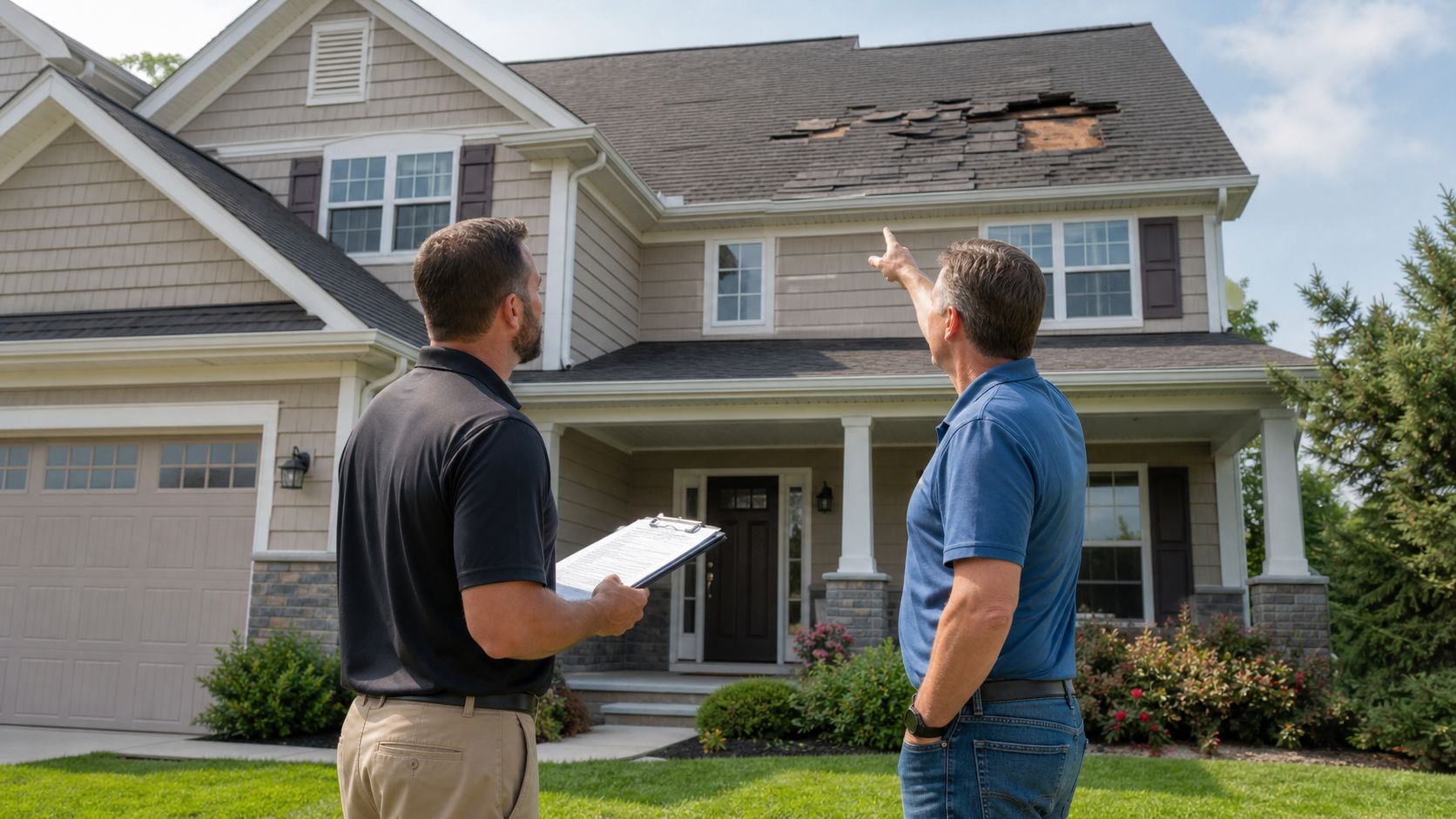 An insurance adjuster and a homeowner inspecting storm-related roof damage on a suburban residential house.