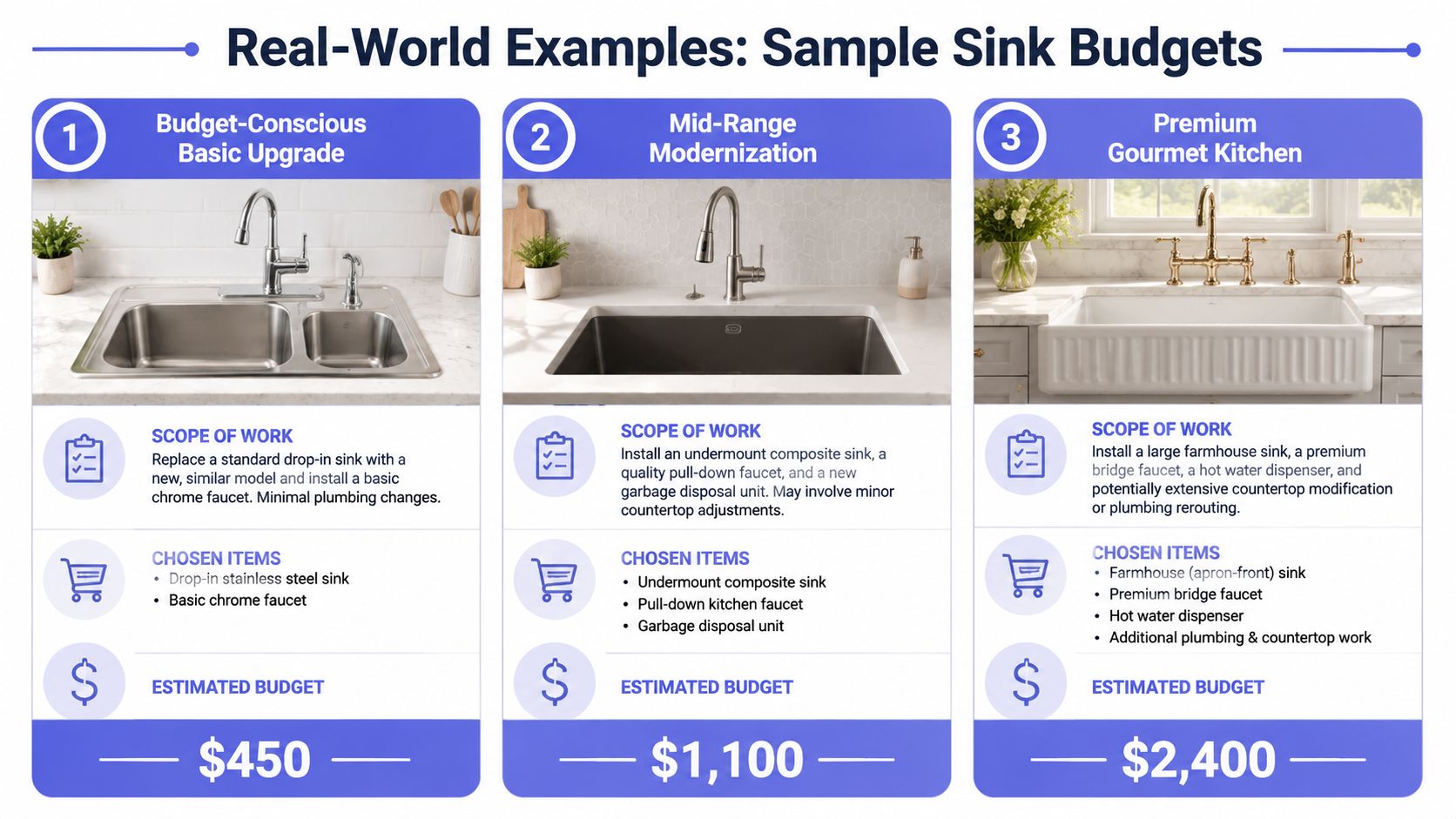 A comparison chart showing three different kitchen sink installation budget levels with estimated costs and descriptions.