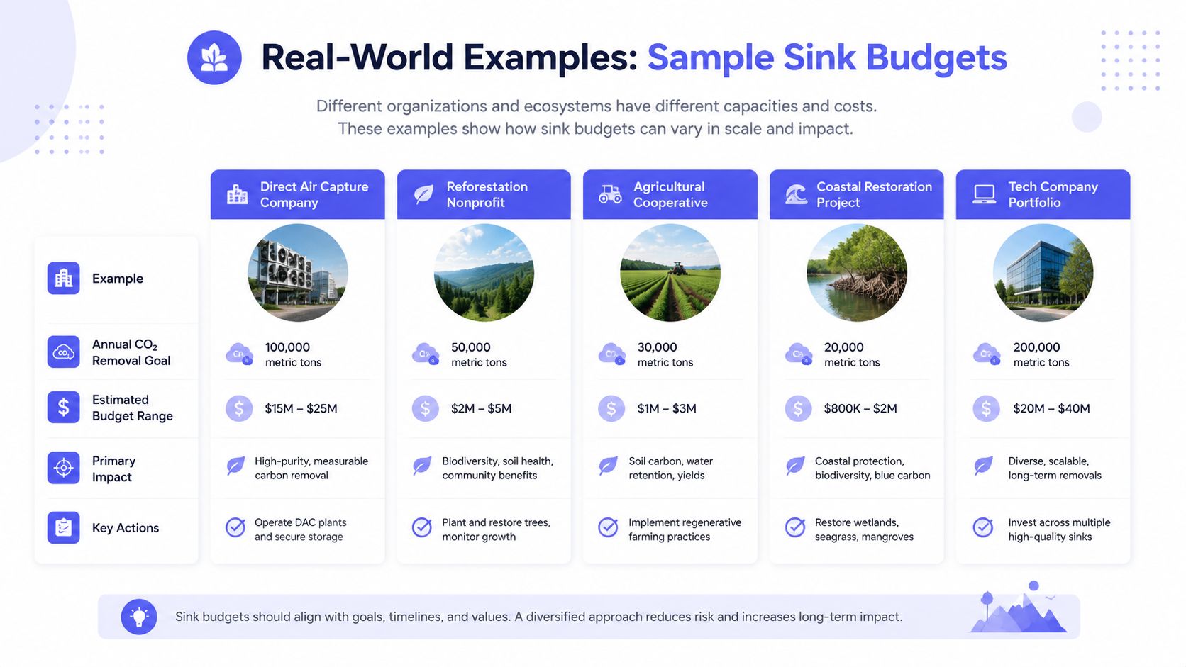 A chart comparing carbon sink project budgets and goals for different types of organizations and industries.