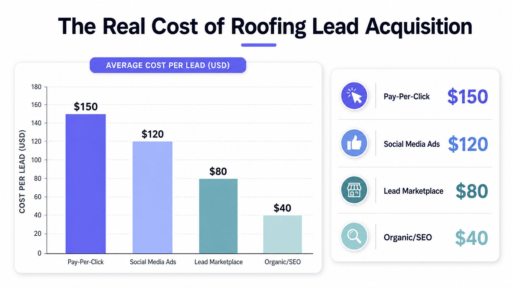 A bar chart comparing the average cost per lead for different roofing marketing strategies.