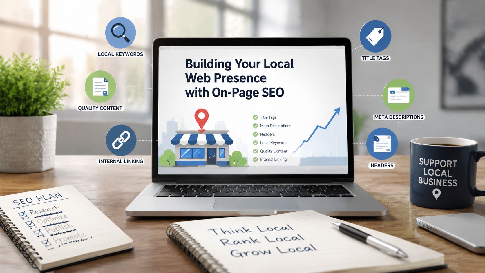A laptop on a desk showing a presentation about building local web presence with on-page SEO strategies.