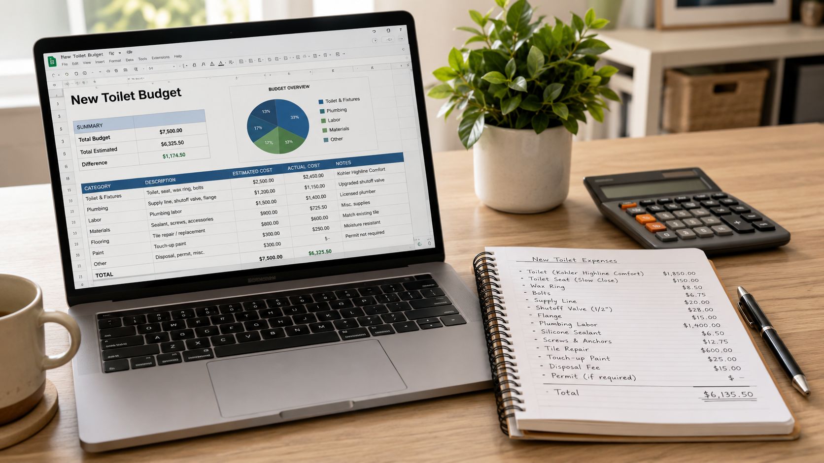 A laptop displaying a toilet renovation budget spreadsheet next to a notebook with expenses listed on a desk.