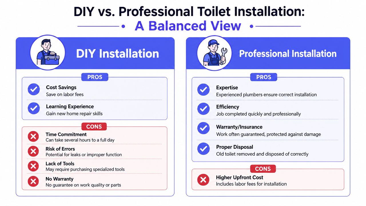 A comparison chart outlining the pros and cons of DIY versus professional toilet installation services.