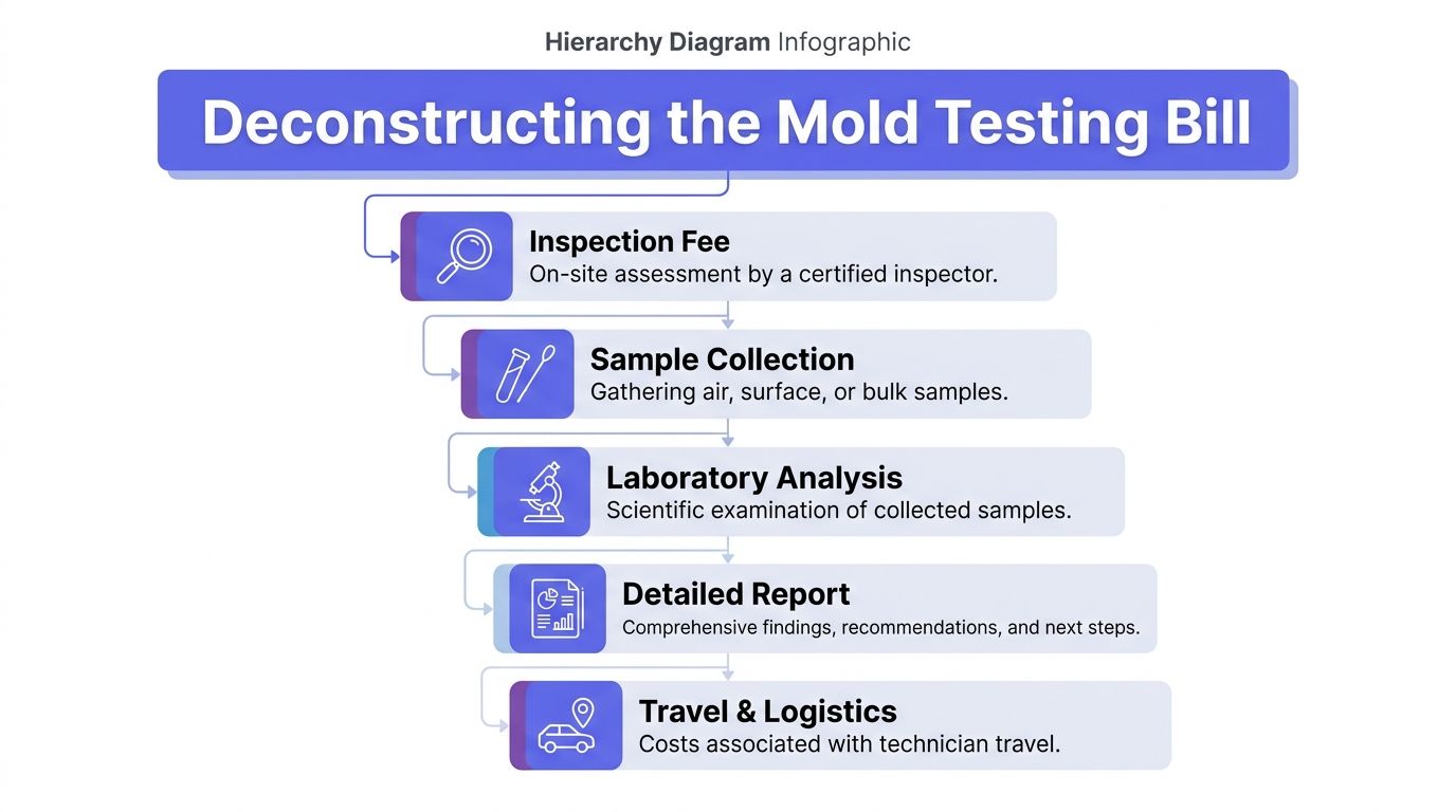 A hierarchical flowchart infographic detailing the various components and costs involved in professional mold testing services.