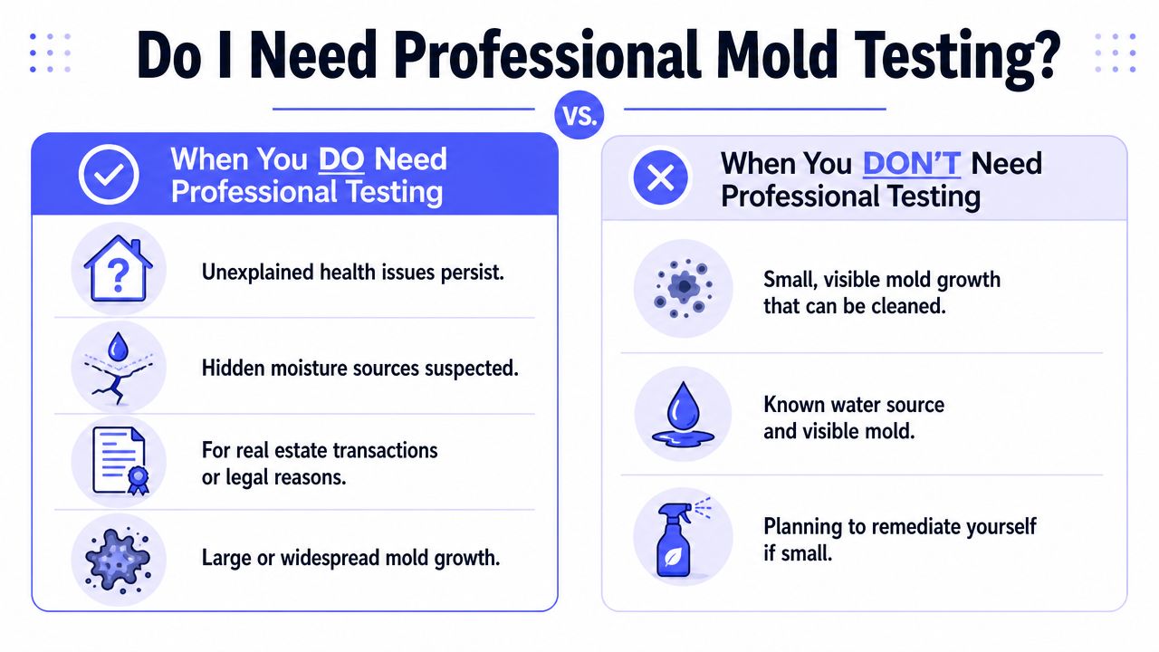 A comparison chart outlining when to hire a professional for mold testing versus when it is unnecessary.