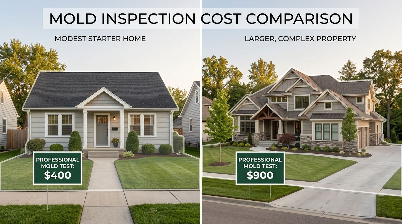 A side-by-side comparison showing a modest home for $400 versus a complex property for $900 mold testing.