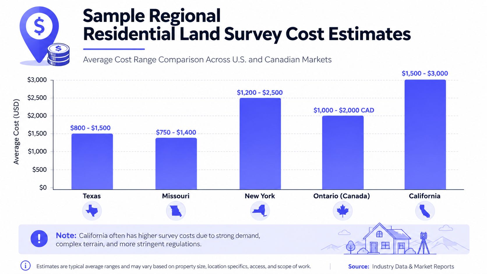 A bar chart comparing average residential land survey cost ranges across different U.S. states and Ontario, Canada.