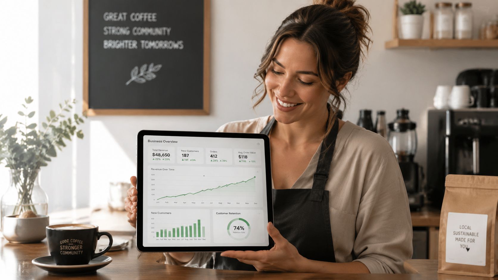 A happy barista holding a tablet showing business performance charts in a coffee shop setting.