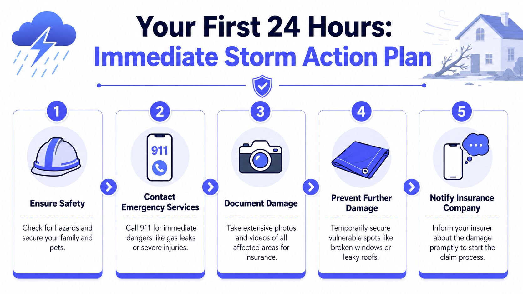 An infographic outlining a five-step emergency action plan for homeowners following a severe storm or disaster.