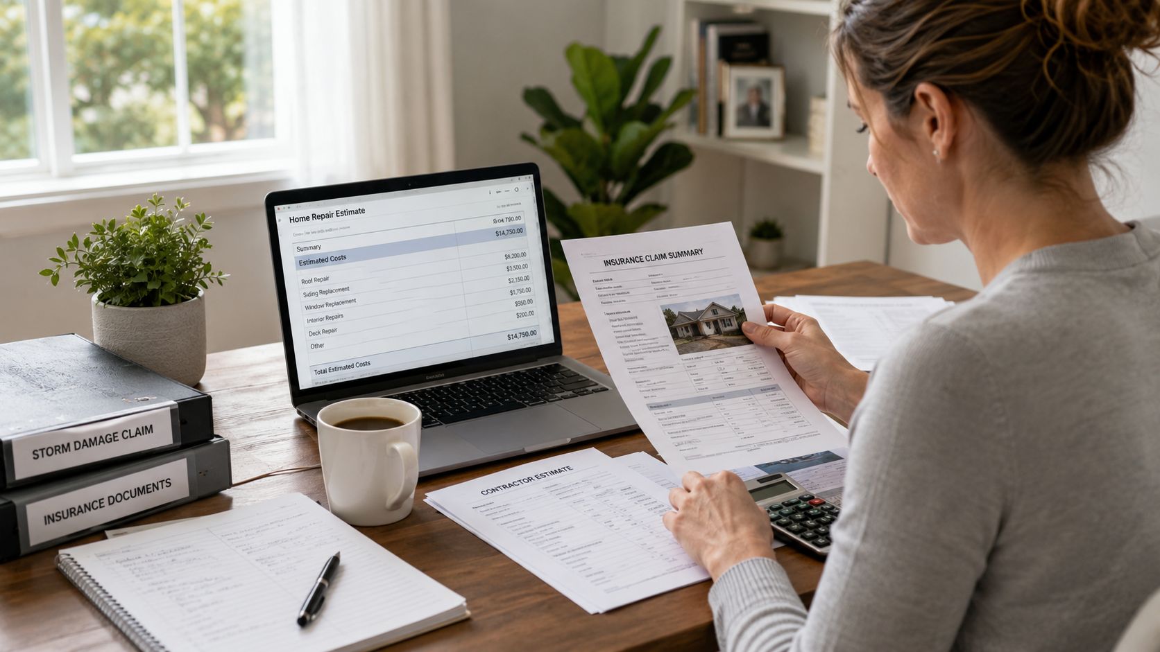 A woman reviewing insurance claim documents and home repair estimates for storm damage restoration at her desk.