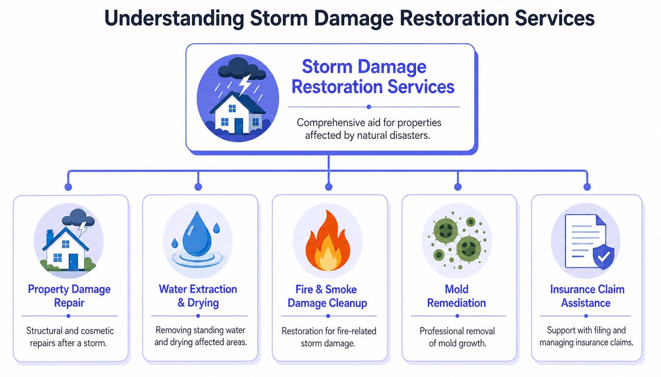 An infographic detailing five key storm damage restoration services including property repair, water extraction, and insurance support.