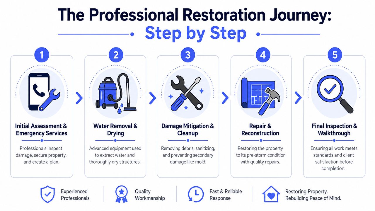 A five-step infographic showing the professional storm damage restoration process from initial assessment to final inspection.
