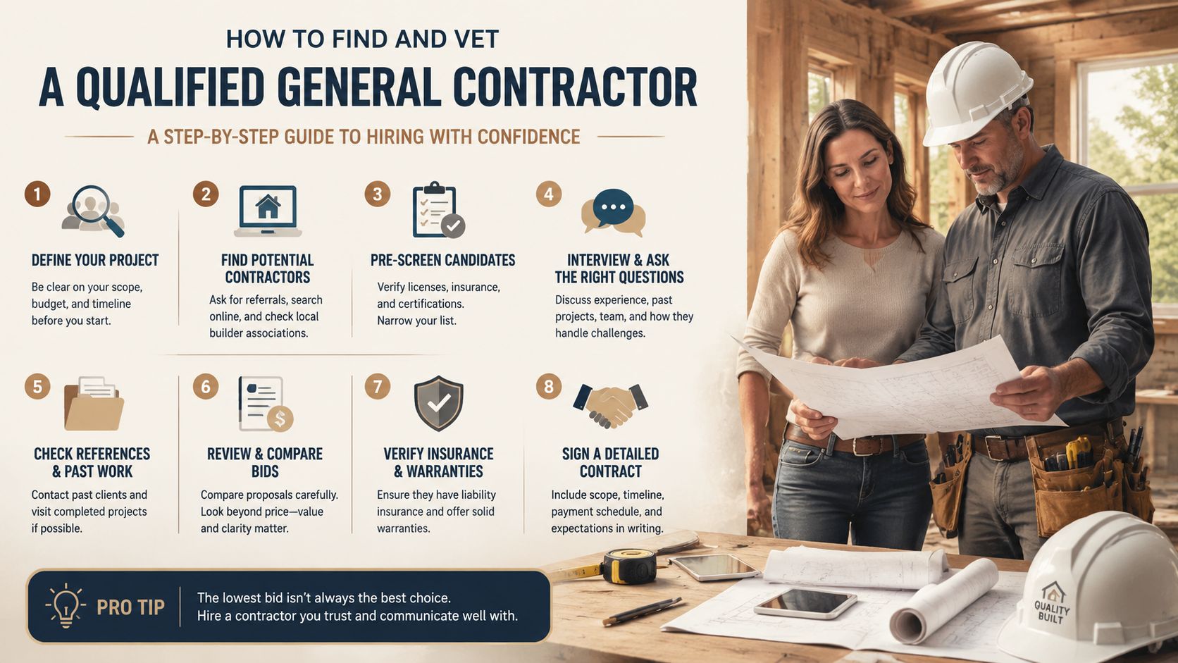 An infographic detailing an eight-step guide for finding and vetting a qualified general contractor for construction projects.