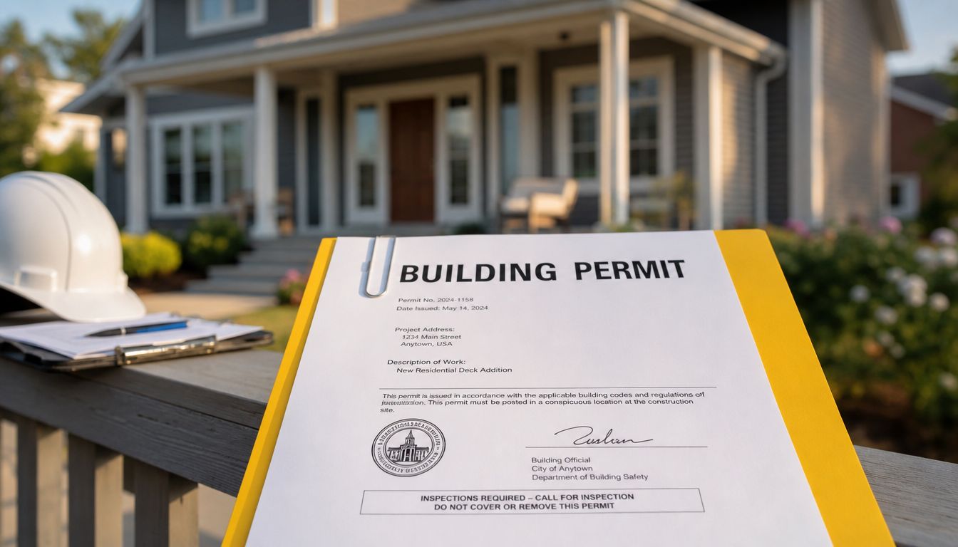 A building permit document for a new deck addition sitting on a wooden porch railing.