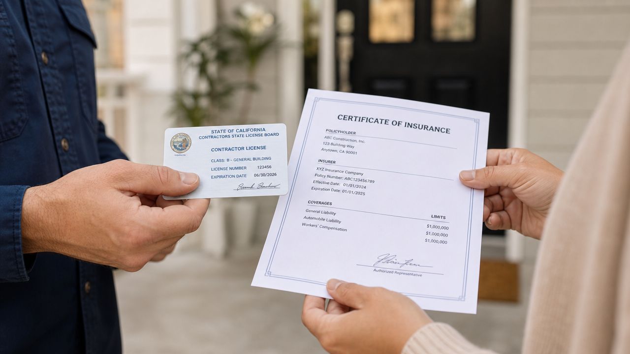 A person hands a contractor license and a certificate of insurance to a homeowner for verification.