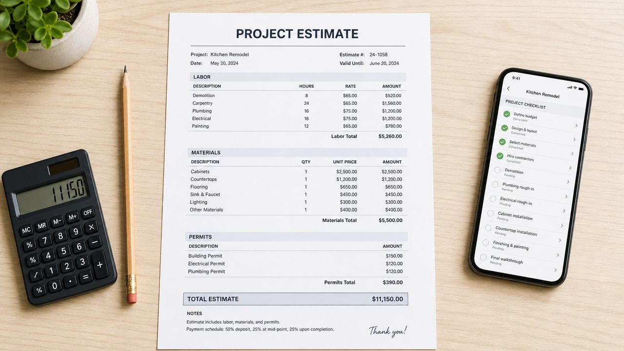 A top-down view of a kitchen remodeling estimate document, a calculator, a pencil, and a smartphone.