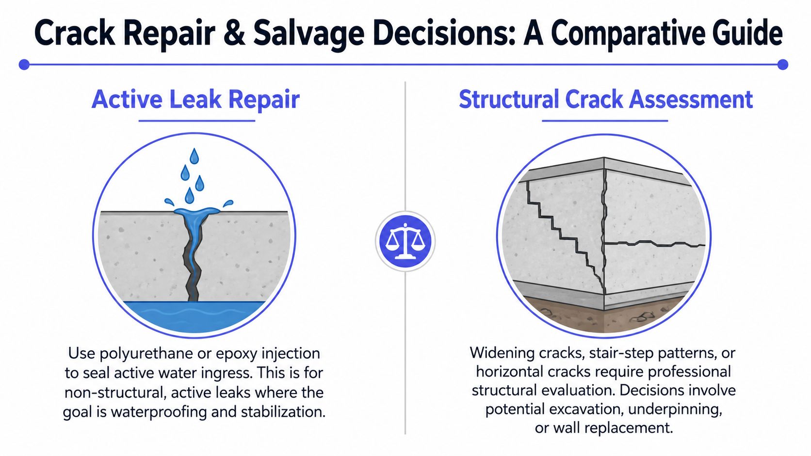 A comparison guide for crack repair, distinguishing between active leak sealing and structural foundation crack assessment.